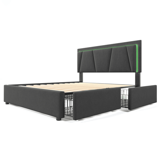 Cama estofada 140x200cm em linho - com 2 gavetas + LED + estrado - Cinzento