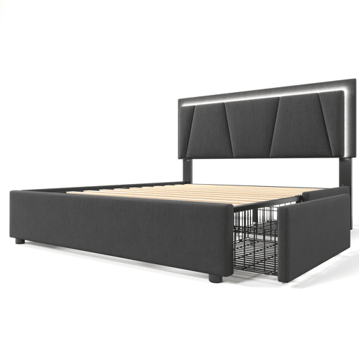 Cama estofada 140x200cm em linho - com 2 gavetas + LED + estrado - Cinzento