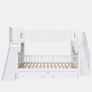 Cama infantil 90x200140x200 cm - Beliche em madeira maciça com escorregador, prateleira, 2 gavetas, branco