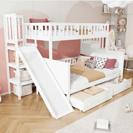 Cama infantil 90x200140x200 cm - Beliche em madeira maciça com escorregador, prateleira, 2 gavetas, branco Cama infantil 90x200140x200 cm - Beliche em madeira maciça com escorregador, prateleira, 2 gavetas, branco