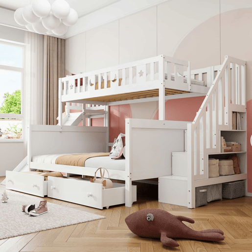 Cama infantil 90x200140x200 cm - Beliche em madeira maciça com escorregador, prateleira, 2 gavetas, branco Cama infantil 90x200140x200 cm - Beliche em madeira maciça com escorregador, prateleira, 2 gavetas, branco