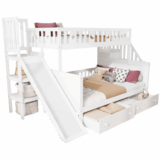 Cama infantil 90x200140x200 cm - Beliche em madeira maciça com escorregador, prateleira, 2 gavetas, branco Cama infantil 90x200140x200 cm - Beliche em madeira maciça com escorregador, prateleira, 2 gavetas, branco