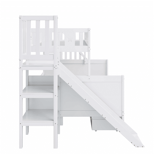 Cama infantil 90x200140x200 cm - Beliche em madeira maciça com escorregador, prateleira, 2 gavetas, branco Cama infantil 90x200140x200 cm - Beliche em madeira maciça com escorregador, prateleira, 2 gavetas, branco
