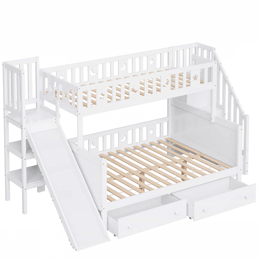 Cama infantil 90x200140x200 cm - Beliche em madeira maciça com escorregador, prateleira, 2 gavetas, branco Cama infantil 90x200140x200 cm - Beliche em madeira maciça com escorregador, prateleira, 2 gavetas, branco