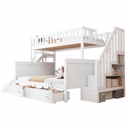 Cama infantil 90x200140x200 cm - Beliche em madeira maciça com escorregador, prateleira, 2 gavetas, branco Cama infantil 90x200140x200 cm - Beliche em madeira maciça com escorregador, prateleira, 2 gavetas, branco