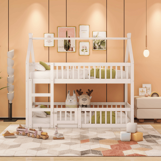 Beliche infantil 90x200 - Beliche com escada, design loft, estrutura em madeira maciça - Branco