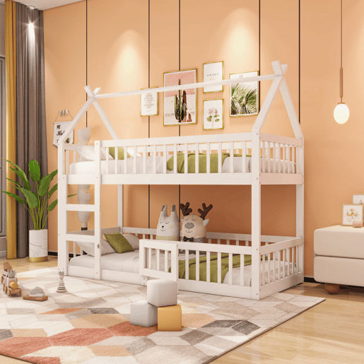 Beliche infantil 90x200 - Beliche com escada, design loft, estrutura em madeira maciça - Branco