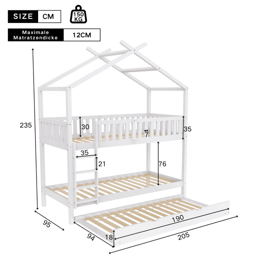 Cama infantil juvenil 90x200 cm - cama tripla extensível com design economizador de espaço - branco