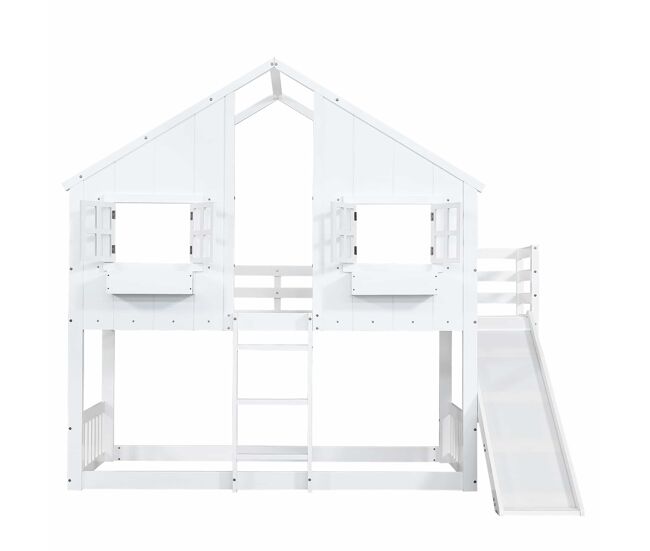 Cama litera 90x200cm - con tobogán, techo y ventana, con protección anticaída y escalera de 3 peldaños - blanca