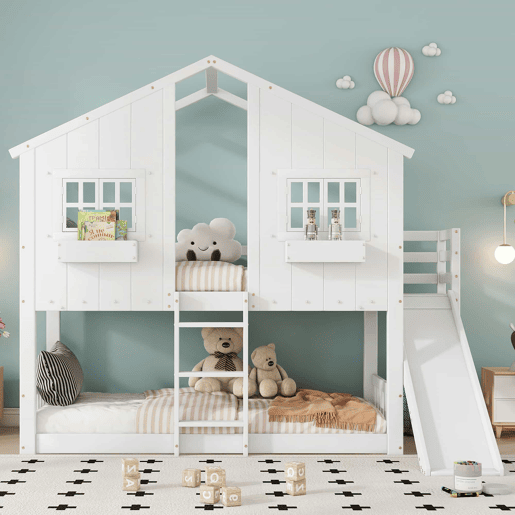 Beliche 90x200 cm - com escorregador, teto e janela, com proteção anticaída e escada de 3 degraus - branco Beliche 90x200 cm - com escorregador, teto e janela, com proteção anticaída e escada de 3 degraus - branco