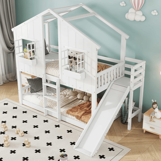 Beliche 90x200 cm - com escorregador, teto e janela, com proteção anticaída e escada de 3 degraus - branco Beliche 90x200 cm - com escorregador, teto e janela, com proteção anticaída e escada de 3 degraus - branco