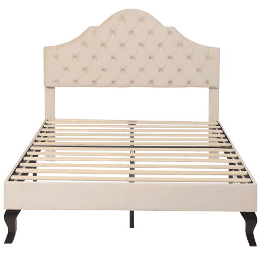 Cama estofada 140x190cm em veludo com cabeceira regulável + estrado - Bege Cama estofada 140x190cm em veludo com cabeceira regulável + estrado - Bege