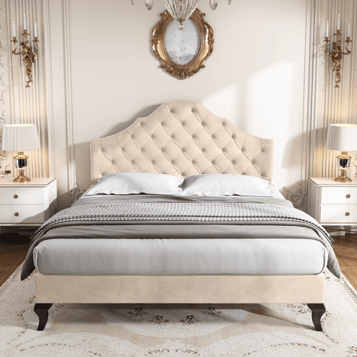 Cama estofada 140x190cm em veludo com cabeceira regulável + estrado - Bege Cama estofada 140x190cm em veludo com cabeceira regulável + estrado - Bege