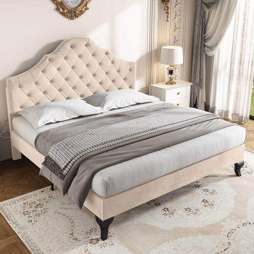 Cama estofada 140x190cm em veludo com cabeceira regulável + estrado - Bege Cama estofada 140x190cm em veludo com cabeceira regulável + estrado - Bege
