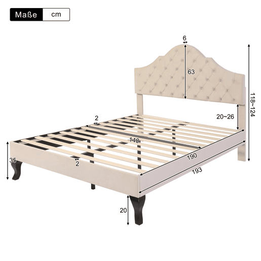 Cama estofada 140x190cm em veludo com cabeceira regulável + estrado - Bege Cama estofada 140x190cm em veludo com cabeceira regulável + estrado - Bege