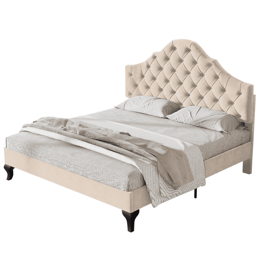 Cama estofada 140x190cm em veludo com cabeceira regulável + estrado - Bege Cama estofada 140x190cm em veludo com cabeceira regulável + estrado - Bege