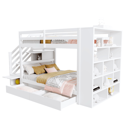 Beliche 90x200 cm - Escada de segurança com compartimentos, gavetas e armários, estrutura alta, branco