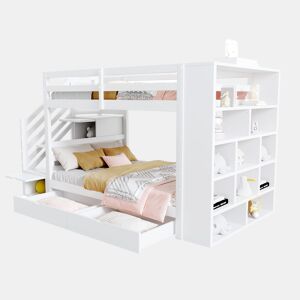 Beliche 90x200 cm - Escada de segurança com compartimentos, gavetas e armários, estrutura alta, branco
