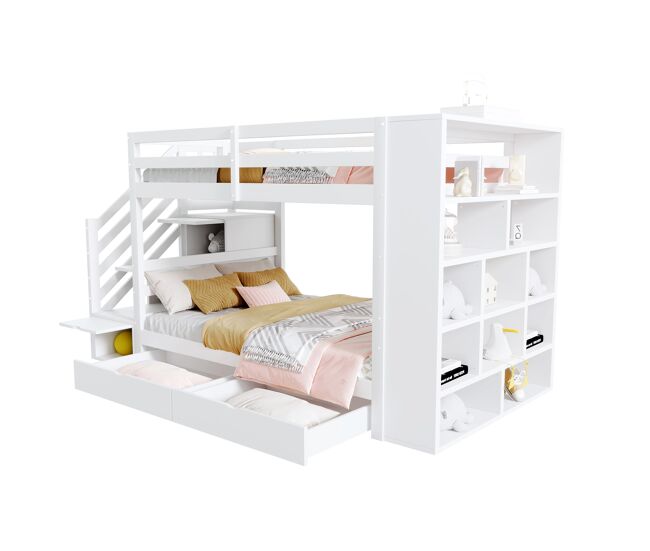 Cama litera 90x200 cm - escalera de seguridad con compartimentos, cajones y armarios, estructura alta, blanco