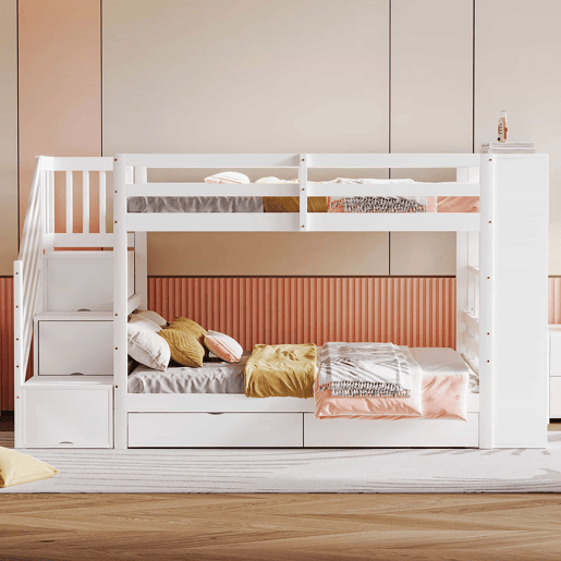 Beliche 90x200 cm - Escada de segurança com compartimentos, gavetas e armários, estrutura alta, branco
