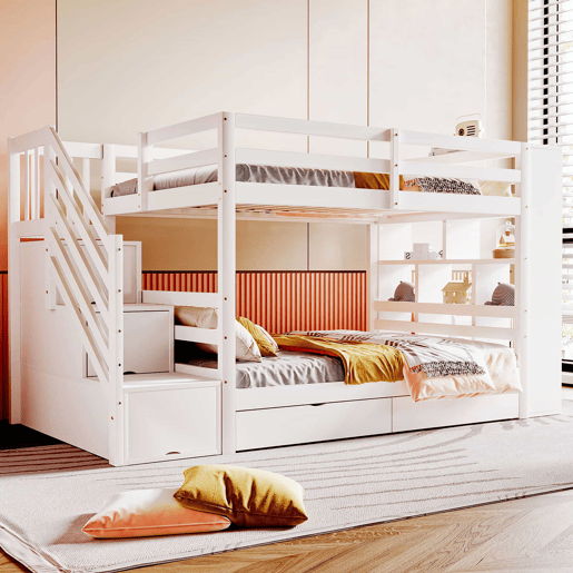 Beliche 90x200 cm - Escada de segurança com compartimentos, gavetas e armários, estrutura alta, branco