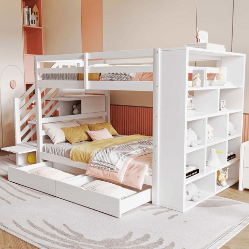Beliche 90x200 cm - Escada de segurança com compartimentos, gavetas e armários, estrutura alta, branco