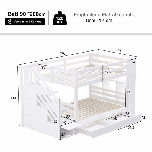 Beliche 90x200 cm - Escada de segurança com compartimentos, gavetas e armários, estrutura alta, branco