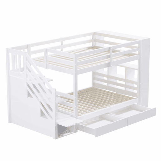 Beliche 90x200 cm - Escada de segurança com compartimentos, gavetas e armários, estrutura alta, branco