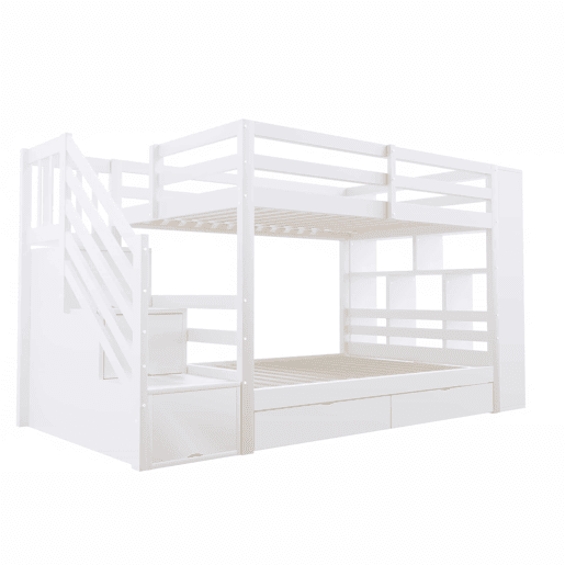 Beliche 90x200 cm - Escada de segurança com compartimentos, gavetas e armários, estrutura alta, branco