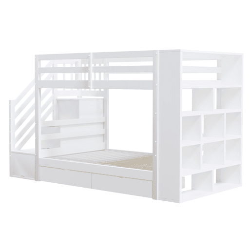 Beliche 90x200 cm - Escada de segurança com compartimentos, gavetas e armários, estrutura alta, branco