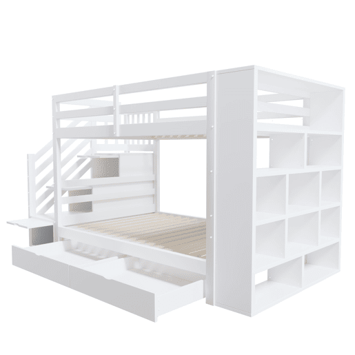 Beliche 90x200 cm - Escada de segurança com compartimentos, gavetas e armários, estrutura alta, branco
