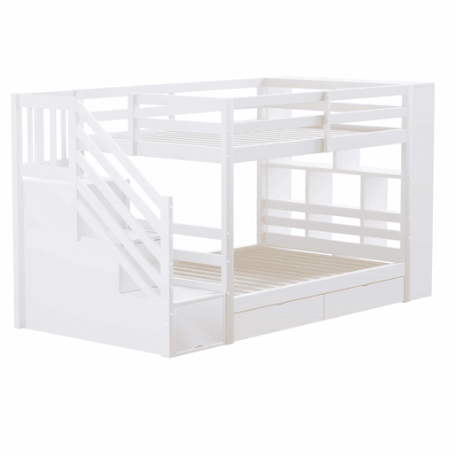 Beliche 90x200 cm - Escada de segurança com compartimentos, gavetas e armários, estrutura alta, branco