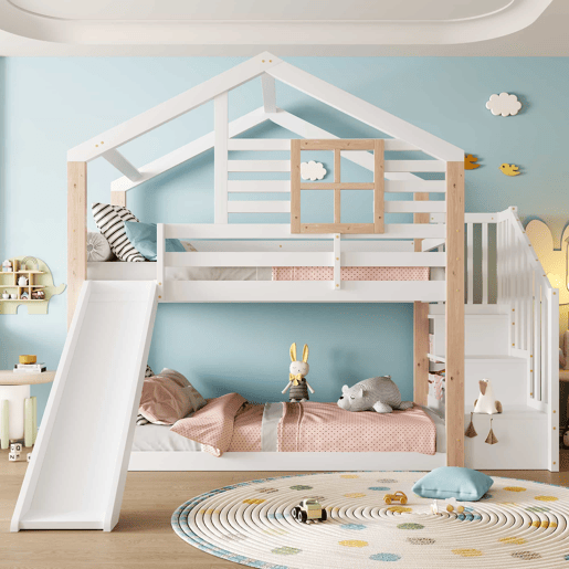 Beliche infantil 90x200 cm - Com rampa e escada - Estilo escandinavo - Madeira maciça - Branco Beliche infantil 90x200 cm - Com rampa e escada - Estilo escandinavo - Madeira maciça - Branco