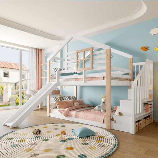 Beliche infantil 90x200 cm - Com rampa e escada - Estilo escandinavo - Madeira maciça - Branco Beliche infantil 90x200 cm - Com rampa e escada - Estilo escandinavo - Madeira maciça - Branco