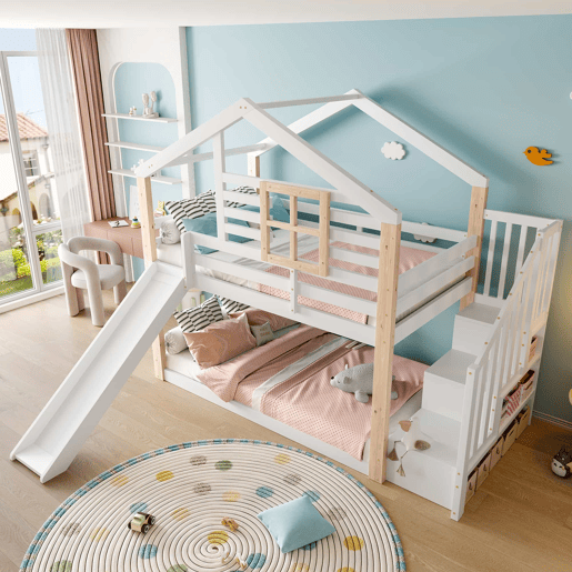 Beliche infantil 90x200 cm - Com rampa e escada - Estilo escandinavo - Madeira maciça - Branco Beliche infantil 90x200 cm - Com rampa e escada - Estilo escandinavo - Madeira maciça - Branco