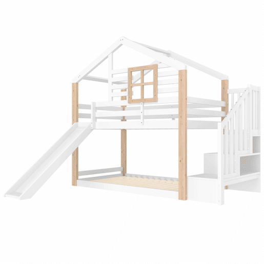 Beliche infantil 90x200 cm - Com rampa e escada - Estilo escandinavo - Madeira maciça - Branco Beliche infantil 90x200 cm - Com rampa e escada - Estilo escandinavo - Madeira maciça - Branco