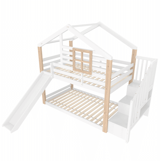 Beliche infantil 90x200 cm - Com rampa e escada - Estilo escandinavo - Madeira maciça - Branco Beliche infantil 90x200 cm - Com rampa e escada - Estilo escandinavo - Madeira maciça - Branco