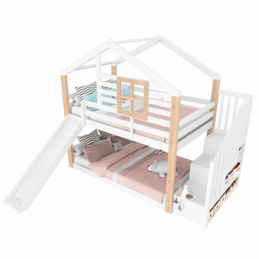 Beliche infantil 90x200 cm - Com rampa e escada - Estilo escandinavo - Madeira maciça - Branco Beliche infantil 90x200 cm - Com rampa e escada - Estilo escandinavo - Madeira maciça - Branco