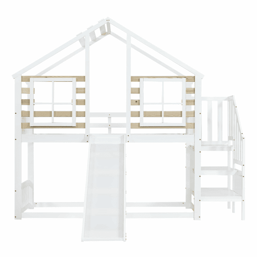 Beliche 90x200 cm - Cama de madeira com escada e corrimão, com escorregador e janela - Branca Beliche 90x200 cm - Cama de madeira com escada e corrimão, com escorregador e janela - Branca