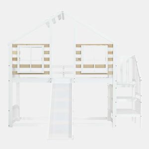 Beliche 90x200 cm - Cama de madeira com escada e corrimão, com escorregador e janela - Branca