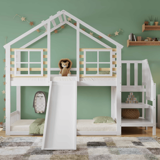 Beliche 90x200 cm - Cama de madeira com escada e corrimão, com escorregador e janela - Branca Beliche 90x200 cm - Cama de madeira com escada e corrimão, com escorregador e janela - Branca