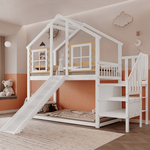 Beliche 90x200 cm - Cama de madeira com escada e corrimão, com escorregador e janela - Branca Beliche 90x200 cm - Cama de madeira com escada e corrimão, com escorregador e janela - Branca