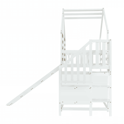 Beliche 90x200 cm - Cama de madeira com escada e corrimão, com escorregador e janela - Branca Beliche 90x200 cm - Cama de madeira com escada e corrimão, com escorregador e janela - Branca