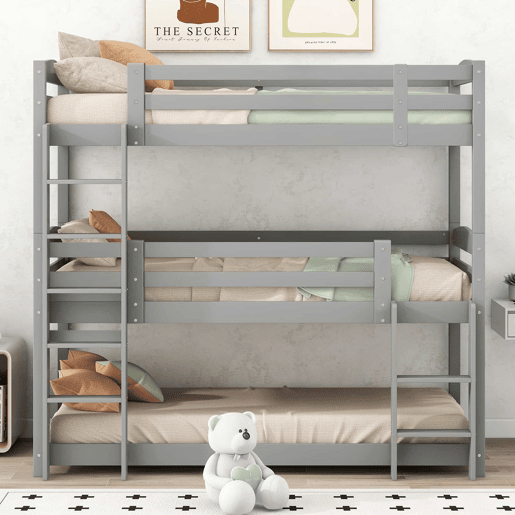 Beliche 90x200 cm - Cama tripla de madeira para crianças - Sem colchão - Cinza Beliche 90x200 cm - Cama tripla de madeira para crianças - Sem colchão - Cinza