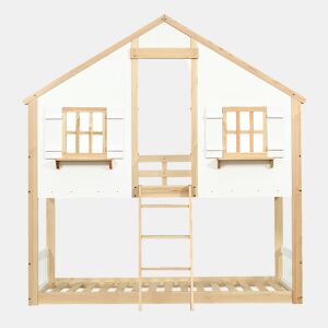 Beliche infantil 90x200 cm - Janelas e teto decorativos, base estável, grades laterais - Branco + Natural