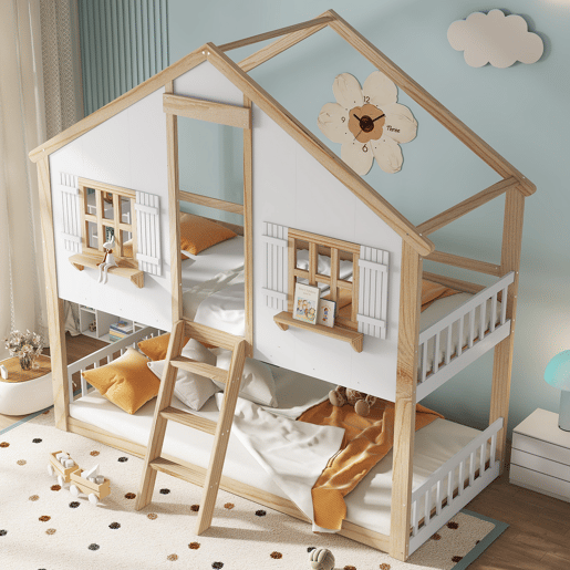 Beliche infantil 90x200 cm - Janelas e teto decorativos, base estável, grades laterais - Branco + Natural Beliche infantil 90x200 cm - Janelas e teto decorativos, base estável, grades laterais - Branco + Natural