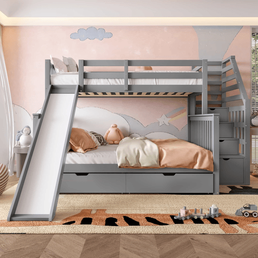 Cama beliche 90x200 - Com gavetas, arrumação e escorrega, multifuncional, cinzenta Cama beliche 90x200 - Com gavetas, arrumação e escorrega, multifuncional, cinzenta