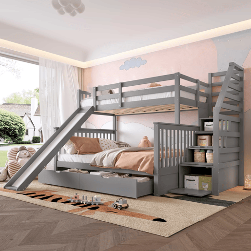 Cama beliche 90x200 - Com gavetas, arrumação e escorrega, multifuncional, cinzenta Cama beliche 90x200 - Com gavetas, arrumação e escorrega, multifuncional, cinzenta
