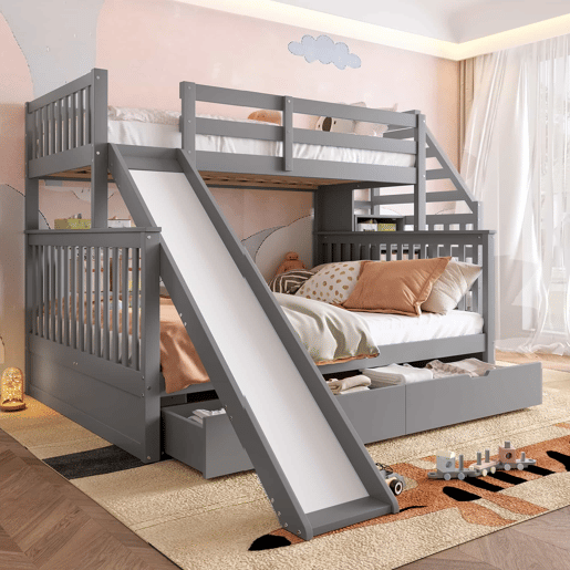 Cama beliche 90x200 - Com gavetas, arrumação e escorrega, multifuncional, cinzenta Cama beliche 90x200 - Com gavetas, arrumação e escorrega, multifuncional, cinzenta