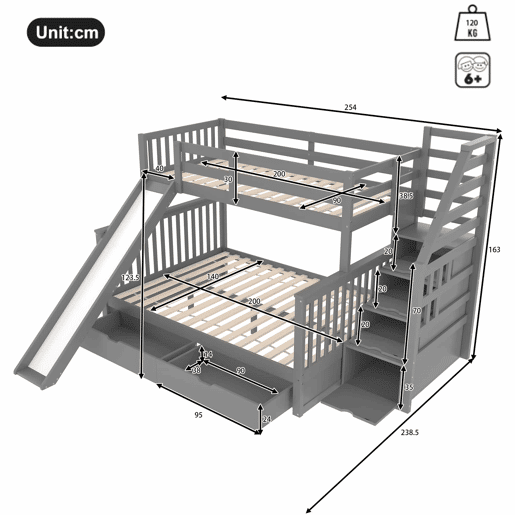 Cama beliche 90x200 - Com gavetas, arrumação e escorrega, multifuncional, cinzenta Cama beliche 90x200 - Com gavetas, arrumação e escorrega, multifuncional, cinzenta